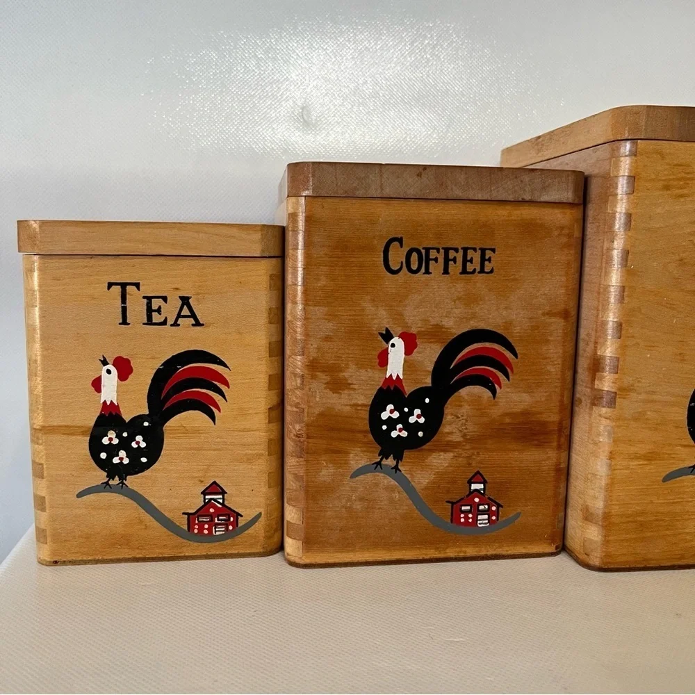 Vintage Wood Hand Painted Rooster Canister Set of 4